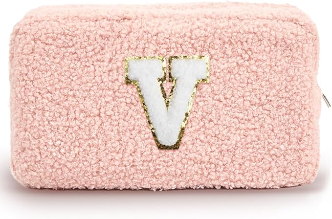Cute Makeup Bag, Initial Cosmetic Bag, Fuzzy Makeup Bags for Women, Preppy Pink Makeup Pouch with Chenille Letter, Personalized Gifts for Women, Pink V
