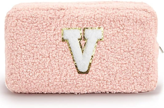 Cute Makeup Bag, Initial Cosmetic Bag, Fuzzy Makeup Bags for Women, Preppy Pink Makeup Pouch with Chenille Letter, Personalized Gifts for Women, Pink V