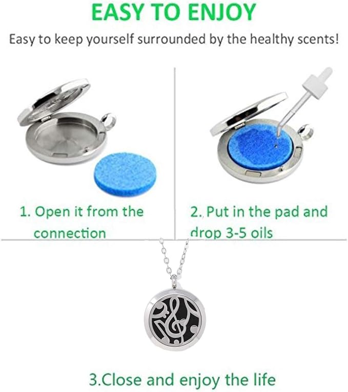Aromatherapy Essential Oil Diffuser Stainless Steel 30MM Silver Magnetic Locket Pendant 2 Sizes Chain Necklace, Refill Pads & Diffuser Bracelet in a Velvet Bag (Music2)