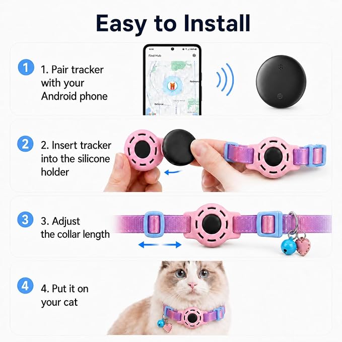 Cat Tracker GPS for Android, Pet GPS Tracker Collar for Cats No Subscription, IP67 Waterproof Cat Collar with Tracker Compatible with Google Find Hub – Replaceable 1-Year Battery, Android Only (Pink)