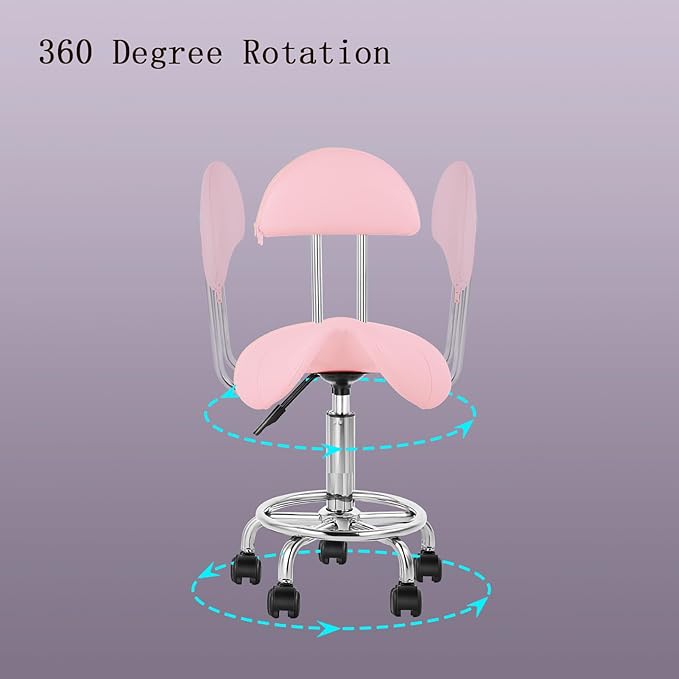 Saddle Chair Rolling Ergonomic Swivel Chair with Soft Comfortable Cushion and Wheels Hydraulic Adjustable Stool for Home Office Dental Tattoo Salon Shop Use with Backrest (Pinksilver)