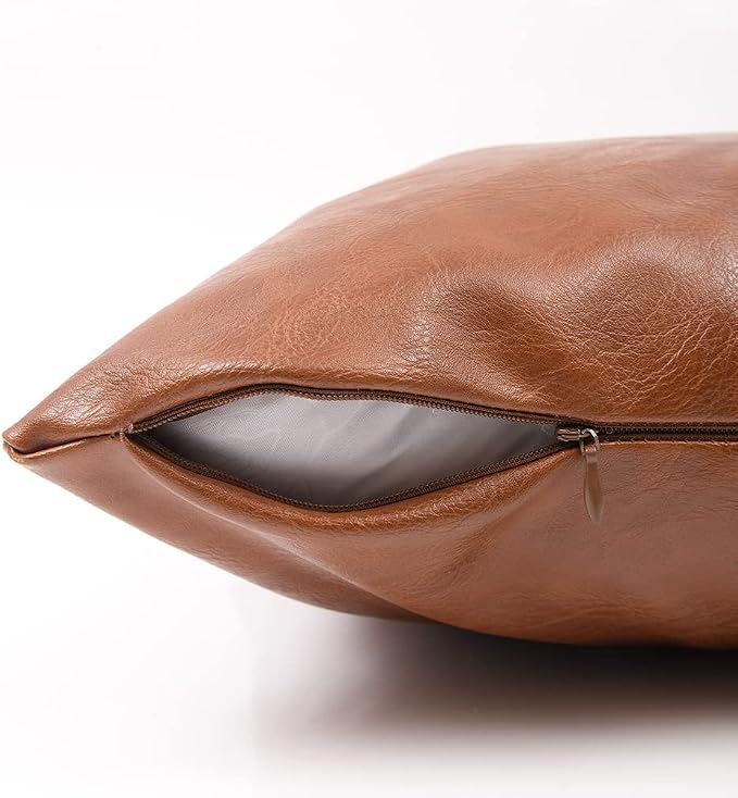 Fancy Homi Hand Stitched Brown Faux Leather Decorative Throw Pillow Covers 18x18 Inch for Living Room Couch Bed Sofa, Accent Square Cushion Case 45x45 cm, Rustic Modern Farmhouse Boho Home Decor