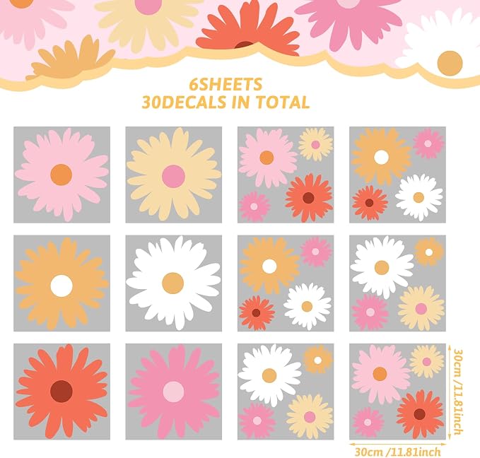 TaoBary 12 Sheet Daisy Wall Sticker Decal,Bright Color,Artsy Style | Big Flower Wall Sticker, Pink White Floral Decal, Daisy Bedroom Room Decor, Removable Peel and Stick, Nursery Home Wall Decor