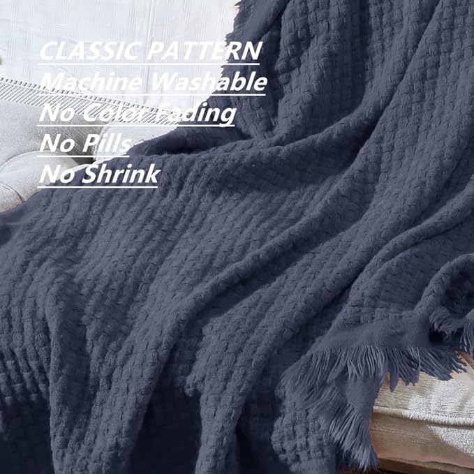 CREVENT Farmhouse Waffle Knit Throw Blanket for Couch Sofa Chair Bed Home Decoration, Soft Warm Cozy Light Weight for Spring Summer Fall (50''X60'' Navy Blue)