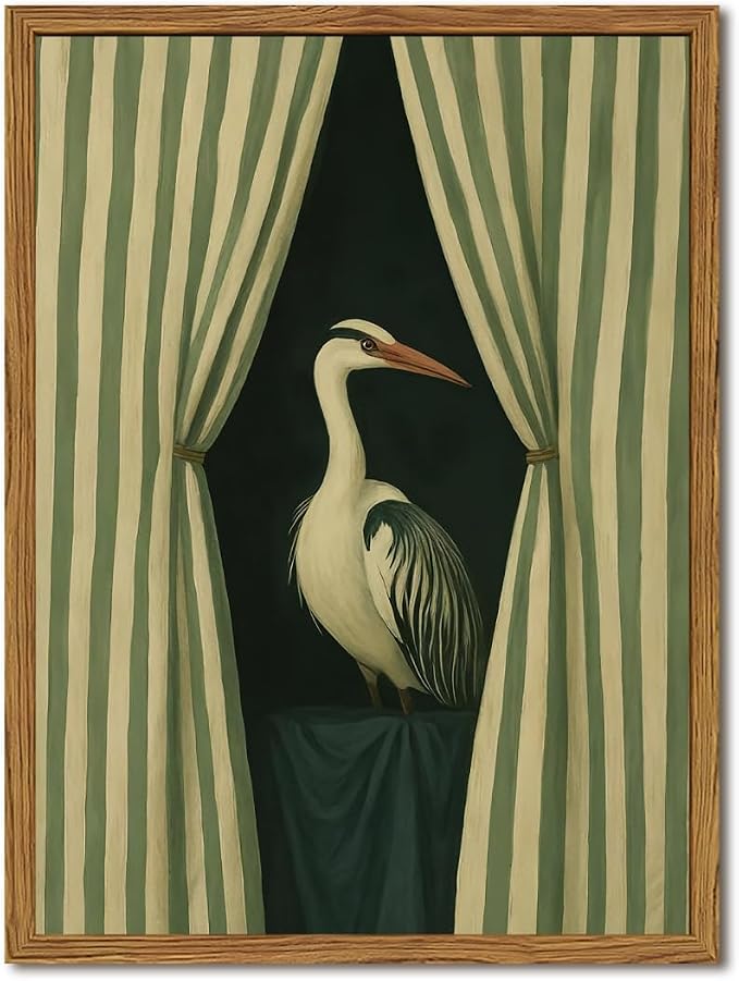 Framed Moody Heron Wall Art, Eclectic Vintage Bird Pictures Wall Decor Paintings, Surreal Whimsical Animal Canvas Prints Unique Humorous Home Decor for Living Room Bedroom Bathroom 16x24 inch