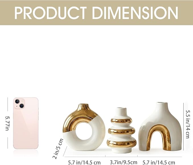 White and Gold Ceramic Vase Set of 3, Flower Vases for Pampas Grass | Modern Boho Vase for Decor, Decorative Vases Centerpieces for Wedding Living Room Bedroom Coffee Table Dinner Table