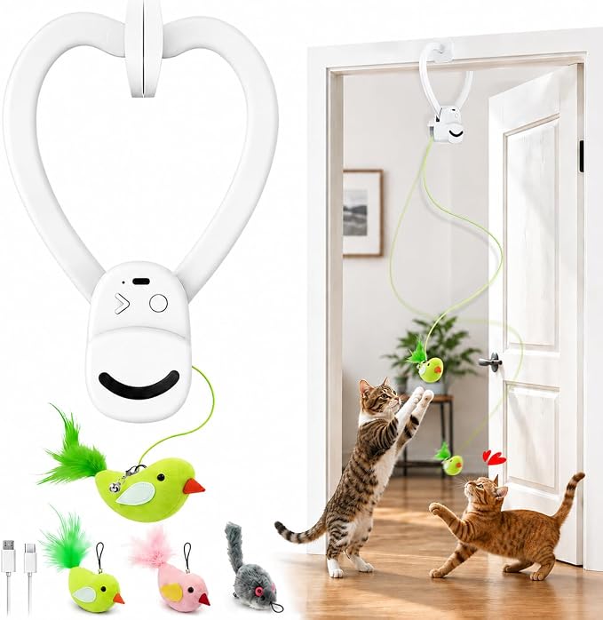 Interactive Cat Toys for Indoor Cats, Clip-On Automatic Flying Bird | USB Rechargeable Self-Play with Interchangeable Bird & Mouse Attachments for Bored Kittens and Adult Cats