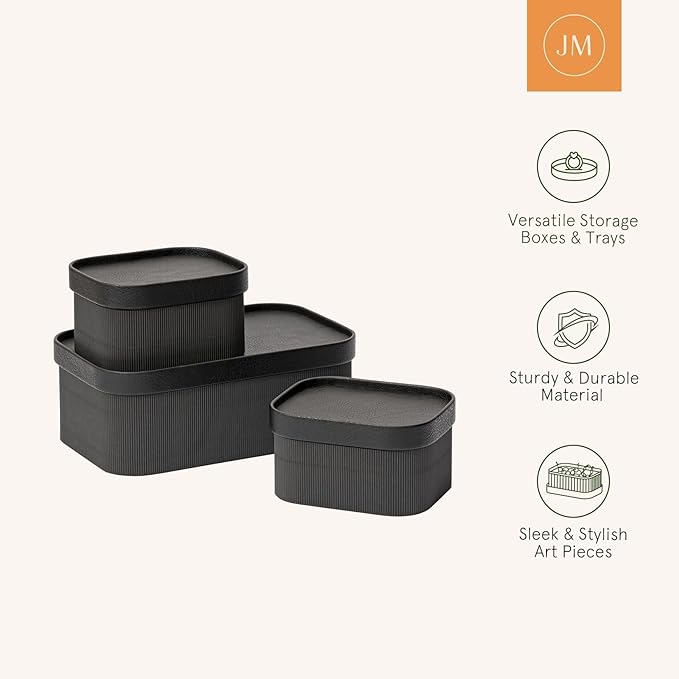 LA JOLIE MUSE Decorative Storage Boxes with Lids Faux Leather, Black 3 Pack | Vegan Leather Lids, Fluted Cardboard Storage Basket, Organizer for Jewelry, Shelves, Bedroom & Closet Storage Memory Box