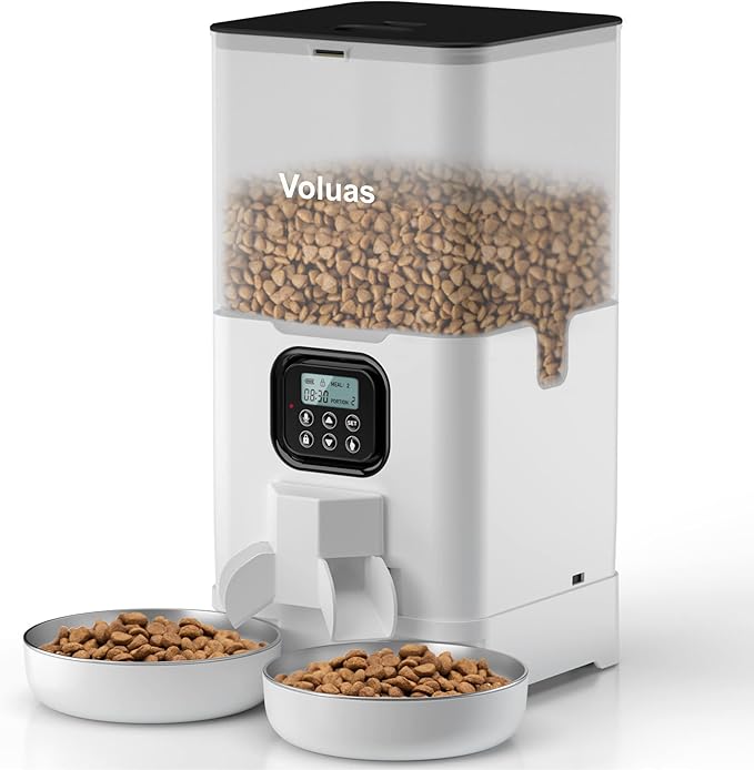 VOLUAS Automatic Cat Feeder for Two Cats with Dual Stainless Bowls, 6L | Programmable Portion Control, Timed Feeding, Memory Function, Dual Stainless Steel Bowls, 10-Second Voice Recorder