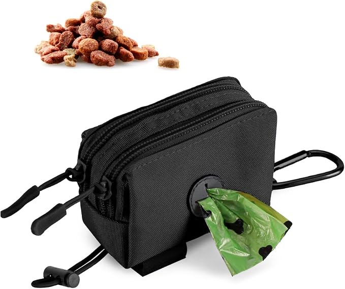 Dog Poop Bag Holder for Leashes, Black Doggie Waste Bag Dispenser and Treat Holder, with Carabiner Hook and Poop Bag Clip, Used Waterproof Wear-Resistant Fabric and 2 Zippered Pouches for Walking