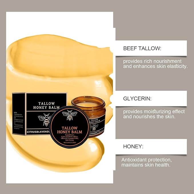 Organic Grass-Fed Beef Tallow Balm, Moisturizing Skin Care for Face & Body, Natural Tallow with Raw Honey for Dry Skin, 3.53 OZ (2 PCS)