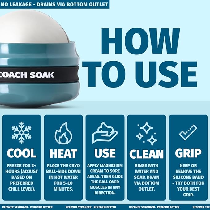 Coach Soak Massage Roller Ball – Dual Hot & Cold Stainless Steel CryoBall with Silicone Control Grip, Handheld Recovery Roller Glides Easily for Deep Tissue Massage – 2X Magnesium Cream Included