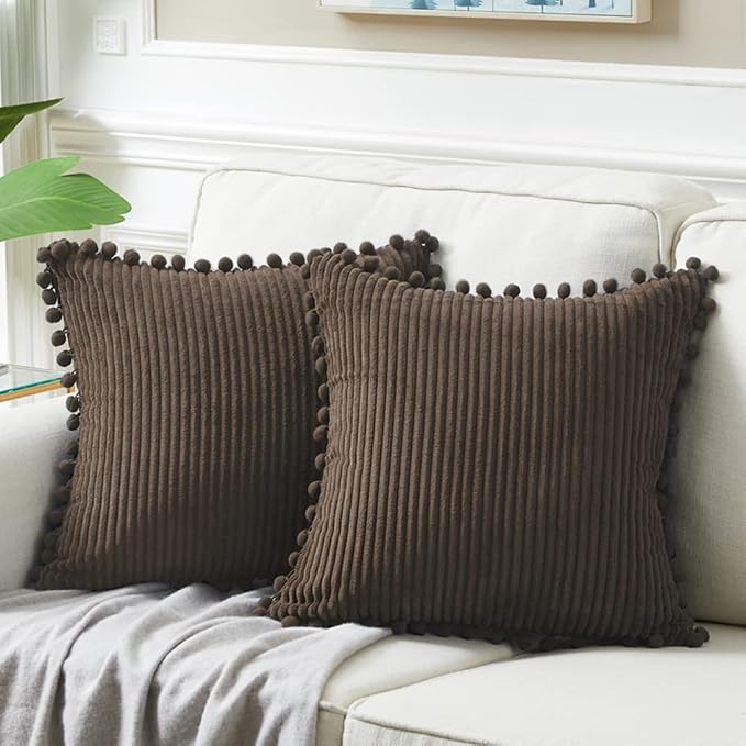Fancy Homi Pack of 2 Dark Brown Decorative Throw Pillow Covers 16x16 Inch with Pom-poms for Couch Bed, Soft Corduroy Solid Square Cushion Case 40x40 cm, Farmhouse Boho Home Decor