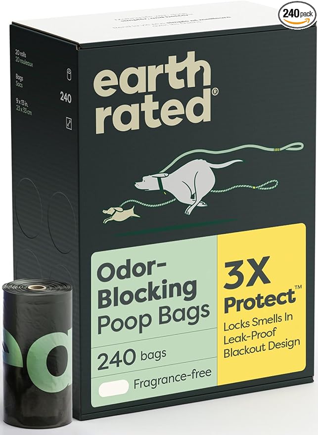 Earth Rated 3X Protect Dog Poop Bag Rolls, Odor Blocking, Unscented, 240 Ct | Leak Proof Extra Thick