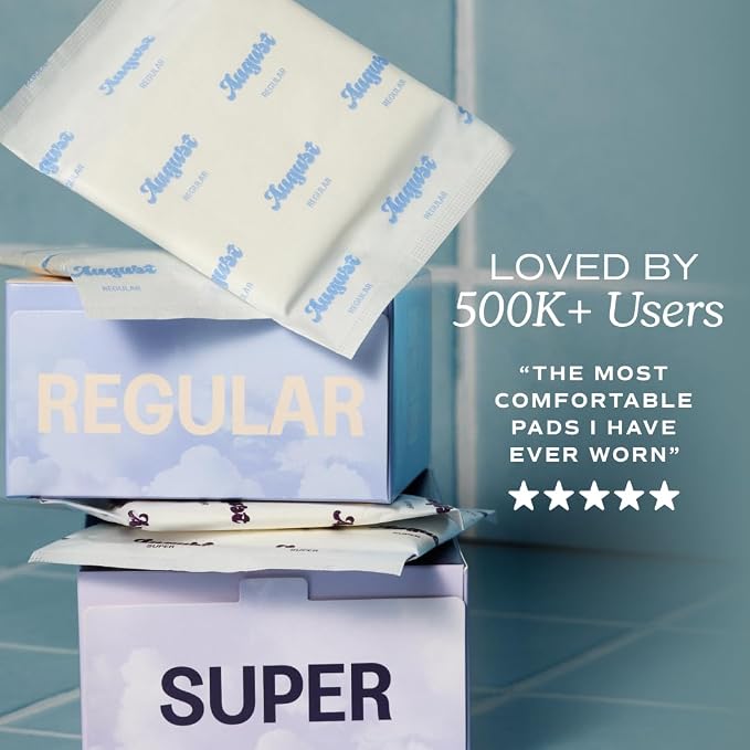 August Regular Cotton Menstrual Pads, 72-Pack Ultra Thin Pads with Wings, Hypoallergenic Sanitary Napkins with Organic Cotton Topsheet, Compostable Wrappers, Toxin Free, Fragrance Free