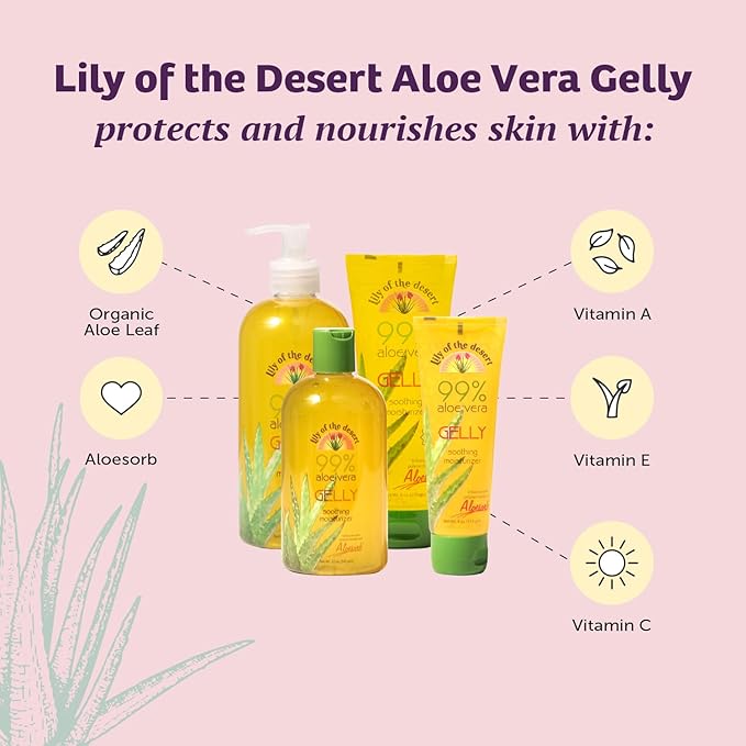 Lily Of The Desert Gelly Moisturizer - 99% Organic Aloe Vera Gel for Skin, After Sun Care with Aloe, Vitamin E Oil, and Vitamin C for Sunburn Relief, 8 Fl Oz