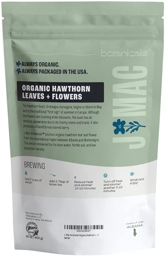 J MAC BOTANICALS Organic Hawthorn Leaf and Flower (8 Oz) Dried Organic Hawthorne leaves, USDA Organic Certified, Hawthorn Tea, Fresh Dried Hawthorne leaf for herbal tea