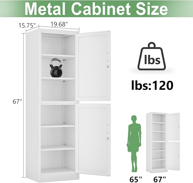 Metal Locker Tall Narrow Storage Cabinet, 67" H Locking Tool File Cabinets Snack Locker Organizer for School Classroom,Bedroom,Gym Home Office,Entryway and Hallway (20" W 2Door White)