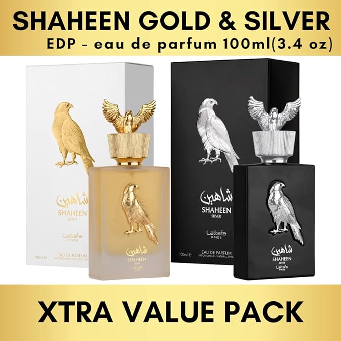 Lattafa Perfumes Pride Shaheen for Unisex 2 Piece Eau de Parfum Gift Set (Gold + Silver) 3.4 Ounce/100 ml each