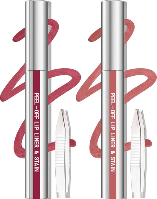 Cilrofelr 2 Colors Lip Liner Stain Peel Off Set with Tweezers - Long Wearing, Transfer Proof, Matte Finish, Quick Plump Lip Effect, Peel Off Lip Stain for All Skin Tones (Mauve + Buff)