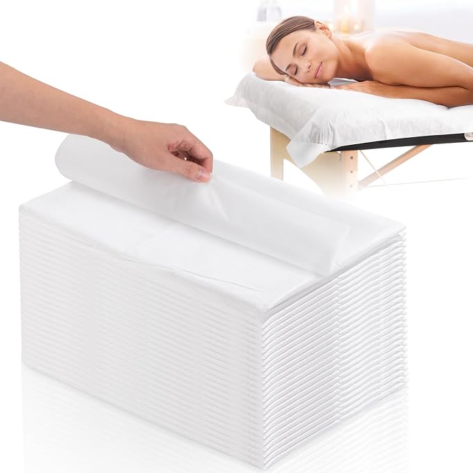 25PCS 84x35in Disposable Fitted Massage Table Sheets with Elastic, Breathable Disposable Massage Table Cover, Non Woven Fabric Spa Bed Covers, Single Use for Beauty Salon Wax Tattoo Facial Lash Bed
