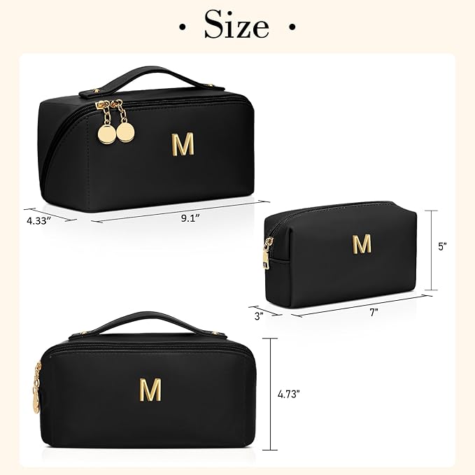 Birthday Gifts for Women Teen Girl, Personalized Initial Makeup Organizer Bag Set, Open Flat Travel Cosmetic Bag With Clear Divider and Handle(Black,M)