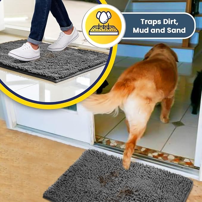 Muddy Mat® | Super Water Absorbent Door Mat Indoor, Microfiber Quick Dry Chenille Entryway Rug, Slip Resistant Front Door Mat, Indoor Mats for Entryway, Machine Washable Pet Rug, Grey 5ft x 7ft