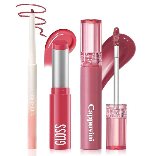 3PCS Lip Combo Set - Matte Lip Liner Pencil + Hydrating Tinted Lip Balm + Juicy Lip Gloss Tint, Non-Sticky, Long-Lasting, High Pigment Lip Makeup Kit (Juicy Plum Set)