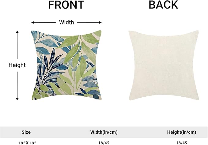 Summer Pillow Covers 18x18 Inches Set of 2 Sage Green Blue Leaves Throw Pillow Covers Outdoor Modern Spring Summer Leaf Decoration Pillowcase Farmhouse Decorative Cushion Cover for Sofa Couch