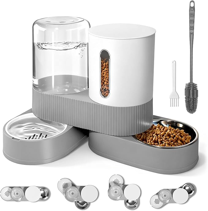 2 in 1 Automatic Gravity Cat Dog Feeder and Water Dispenser with 304 Stainless Steel Bowls, 360 Degree Rotatable Auto Food with 2 Specialized Brushes for Small Medium Pet Dog Puppy Kitten (Gray)