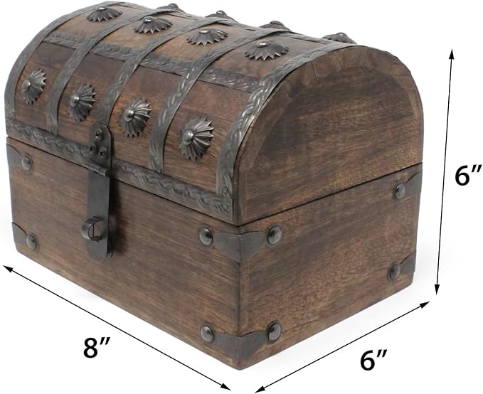 Treasure Chest Keepsake and Decorative Wood Box (Large 8x6x6) - Storage Box, Wooden Box with Hinged Lid, Rustic Storage, Pirate Storage Box, Vintage Wooden Chest