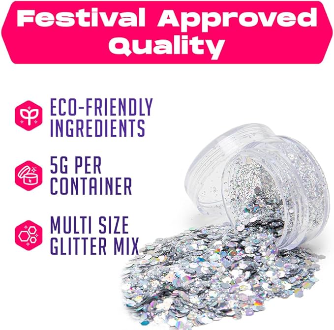 Silver Biodegradable Glitter Makeup | Plant Based, Eco Friendly, Hair Glitter, Face Glitter or Body Glitter | Cosplay, EDM, Music Festival and Rave Makeup Accessory | 5 Grams of Chunky Glitter