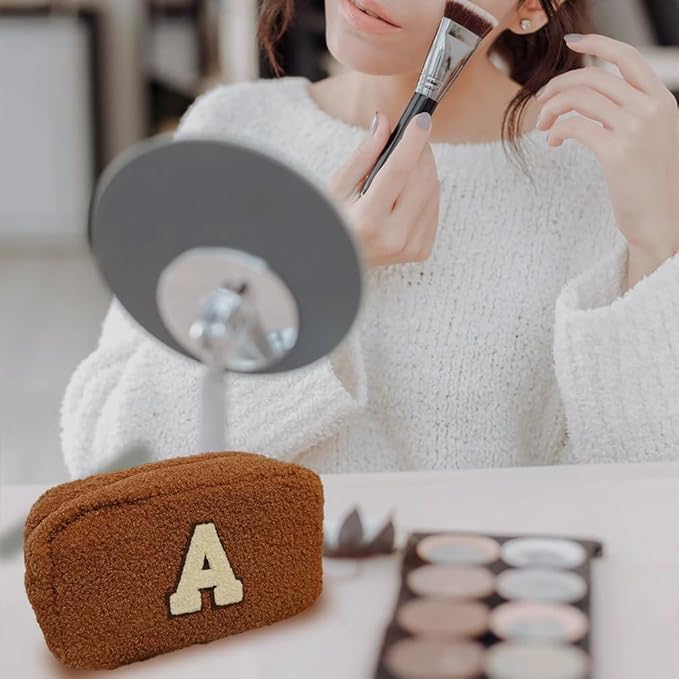 Cute Makeup Bag, Initial Cosmetic Bag, Fuzzy Makeup Bags for Women, Brown Makeup Pouch with Chenille Letter, Monogrammed Gifts for Women, Brown I