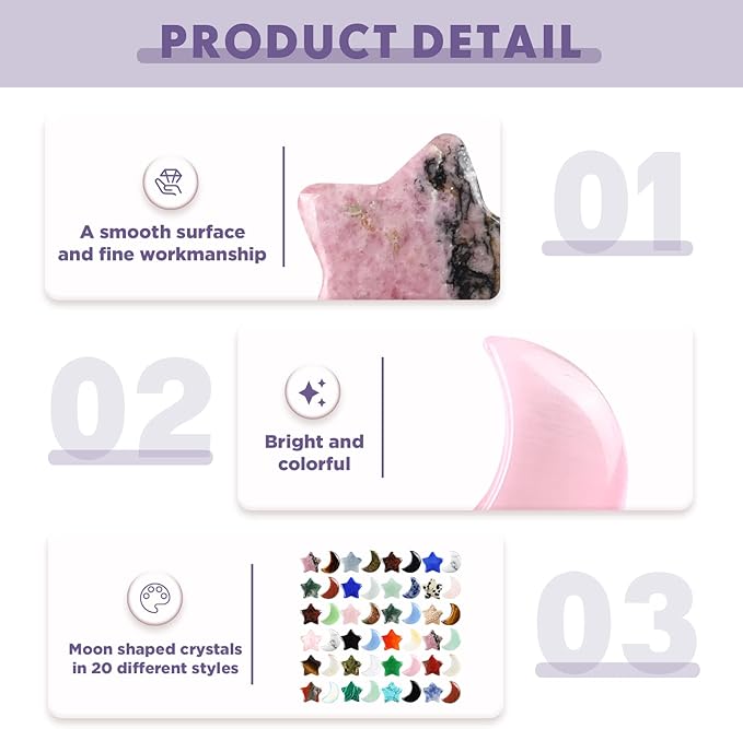 Nuenen 60 Pieces Worry Stones Bulks Star Shaped Crystals and Moon Shaped Crystals Assorted Palm Thumb Stones Hand Making Gemstone Decorative Crystal for Witchcraft Meditation DIY Balancing Jewelry
