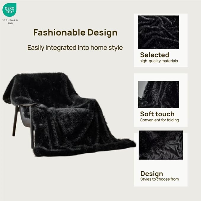 Luxury Fluffy Faux Fur Throw Blanket, Thick Silky Fuzzy Cozy Plush Blanket for Couch, Sofa, Chair, Bed - Black, 60x80 Inches