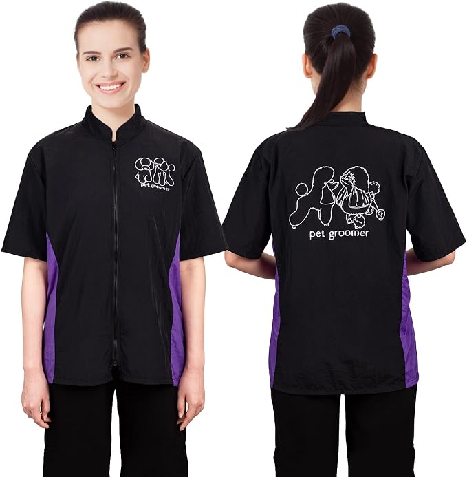 Noverlife Pet Grooming Workwear Dog Groomer Smock, Short Sleeve, M Size | Anti-Static & Splash Proof Pet Beautician Uniforms, Hair Repellent Smock & Trousers for Professional Dog Cat Grooming Salon