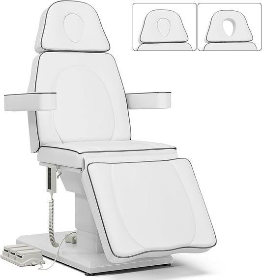 Icoget Fully Electric Esthetician Bed Facial Chair, 4-Section Tattoo Bed Massage Table w/ 3 Motor Adjustments, Medical Aesthetic Chair for Waxing, Beauty, Microblading, Spa, White