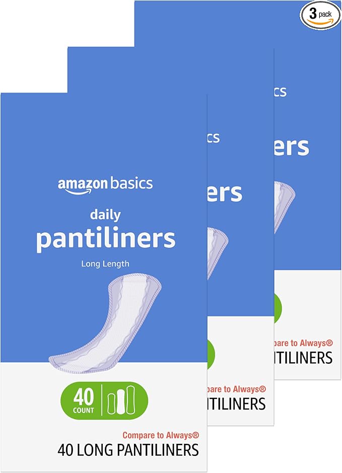 Amazon Basics Daily Pantiliner, Long Length, Feminine Pads for Women, Unscented, Comfortable Thin, 120 Count (3 Packs of 40) (Previously Solimo)