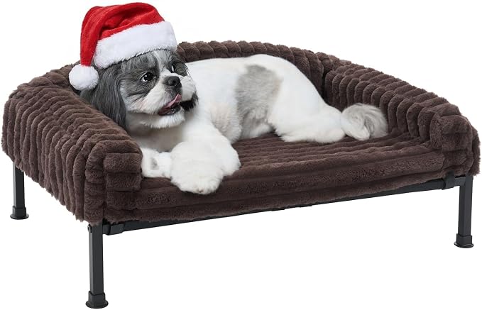 Veehoo Elevated Dog Bed with Bolster Cushion, Fluffy Plush Dog Couch Beds for Small Dogs, Cats, Washable Raised Pet Cot with Non-Slip Feet for Indoor or Patios Use, 30 x 20 Inches, Brown
