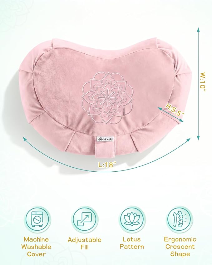 Hihealer Premium Crescent Meditation Cushion, Ergonomic Buckwheat Hull Floor Pillow for Adults, Comfortable Yoga Bolster for Meditation & Floor Sitting (Pink)