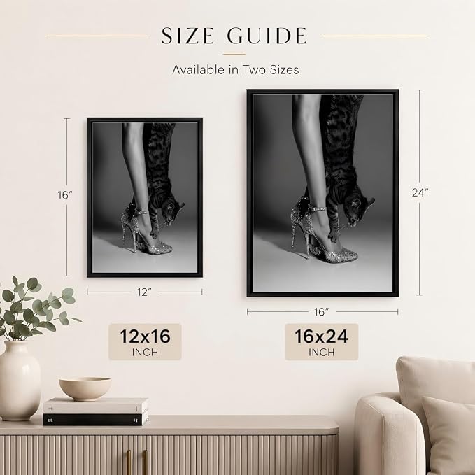 Framed Black and White Fashion Canvas Wall Art Trendy Women High Heels Cat Picture Wall Decor Luxury Feminist Poster Print for Girl Bedroom Dorm Party Bar Cart Home Decoration 16x24in