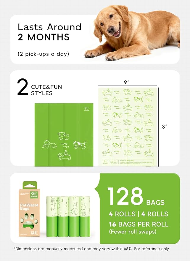 Dog Poop Bags, 128 Count, Unscented, Green | Fragrance-Free Formula, Extra Thick, 60% Recycled Plastic, 16 Bags Per Roll, Dual Green Designs, Easy-Peel Sticker