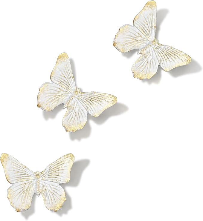 GUSFREUD 3D Butterfly Wall Decor Set – Resin Wall Decor for Living Room, Bedroom, Bathroom, Dining Room, Outdoor and Gallery Walls - Ivory Gold - Set of 3
