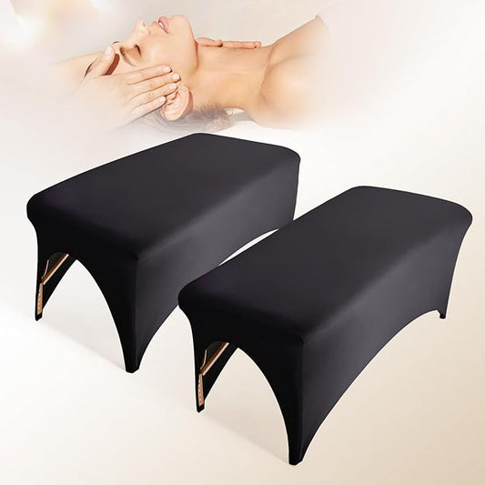 2-Piece Spa Bed Cover Professional Lash Bed Cover Stretchy Massage Table Cover Beauty Bed Protective Topper, Excellent for Lash Extension, Spa, Massage, Beauty Salon, Wax, Tattoo (Black)