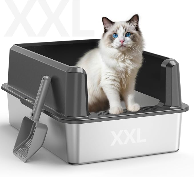 Stainless Steel Cat Litter Box, XXL High Sided Open Top Litter Pan, 1 Scoop | XXL, Spacious Interior, High Sides, Anti-Urine Leakage, Non-Stick Odor Resistant, Easy Clean, Reduce Litter Tracking