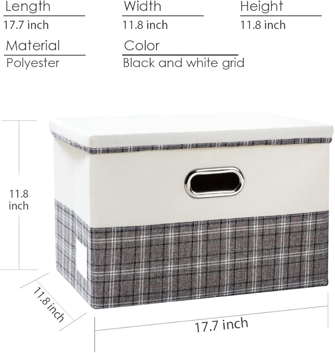 Large Collapsible Storage Bins with Lids [3-Pack] Fabric Foldable Storage Boxes Organizer Containers Baskets Cube with Cover for Home Bedroom Closet Office Gray plaid & Cream(17.7x11.8x11.8)