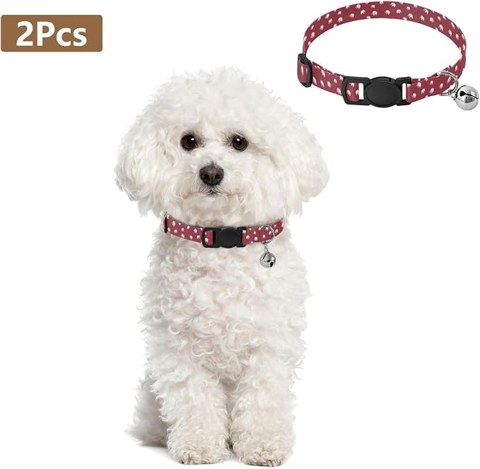2 Pack Cat Collar White Elephants Maroon Bell Collar for Small Dogs, Adjustable Length 10.6" to 17.1"
