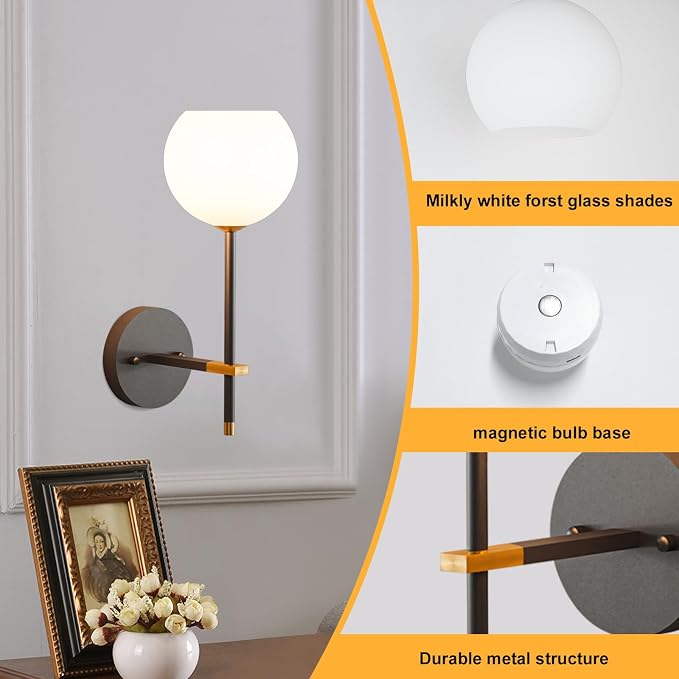 Black Gold Battery Operated Wall Sconces Set of 2, Rechargeable Wireless Wall Lights with Milky White Frosted Glass, 12 RGB and 3CCT Dimmable, Wall Lamps with Remote for Bedroom Living Room Hallway