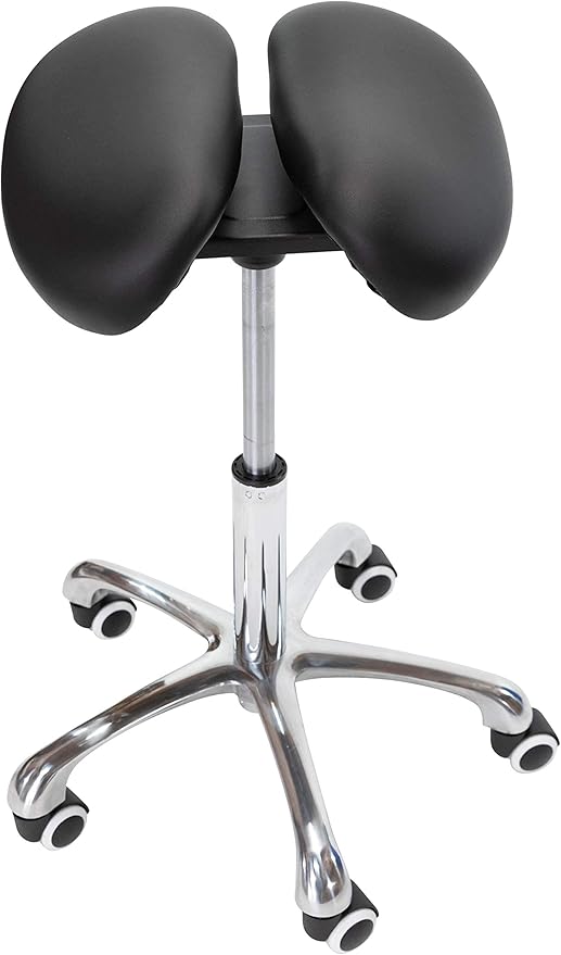 Saddle Stool with Wheels Rolling Chair - Ergonomic Split Seat Design, 360° Swivel Mobility, and Heavy Duty Adjustable Height - Professional Salon, Massage & Esthetician Spa Stool - (Black)
