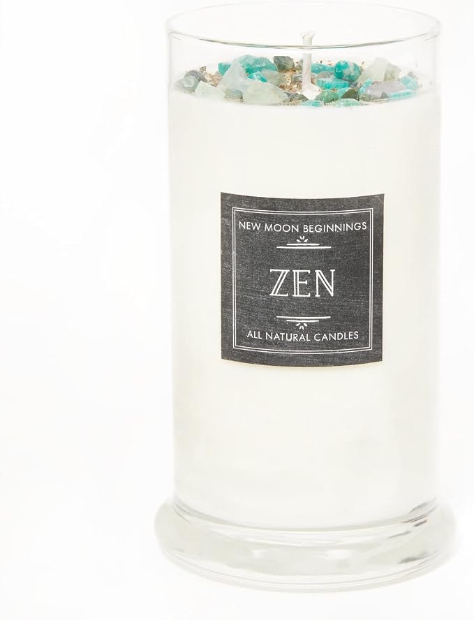 NEW MOON BEGINNINGS Zen Crystal Candle - All Natural - 100% Soy Aromatherapy Candle - Citrus, Cedarwood, Patchouli - Amazonite, Fluorite, Moss Agate - Meditation Candle - 21 oz. Glass Jar with lid